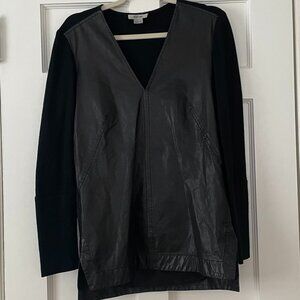 Helmut Lang V-Neck Long Sleeve Black Leather and Wool Tunic Size S